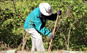 A man in a teal jacket and tan hat plants a tree at Heritage Acres